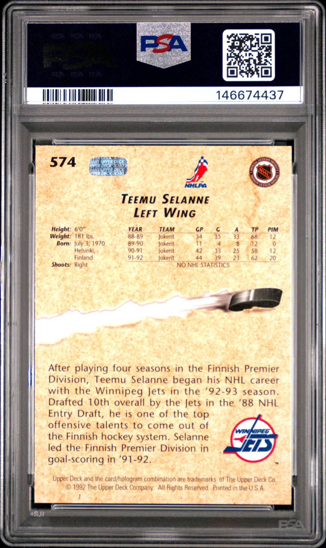 1992 Upper Deck Teemu Selanne #574 Nm-Mt 8 back