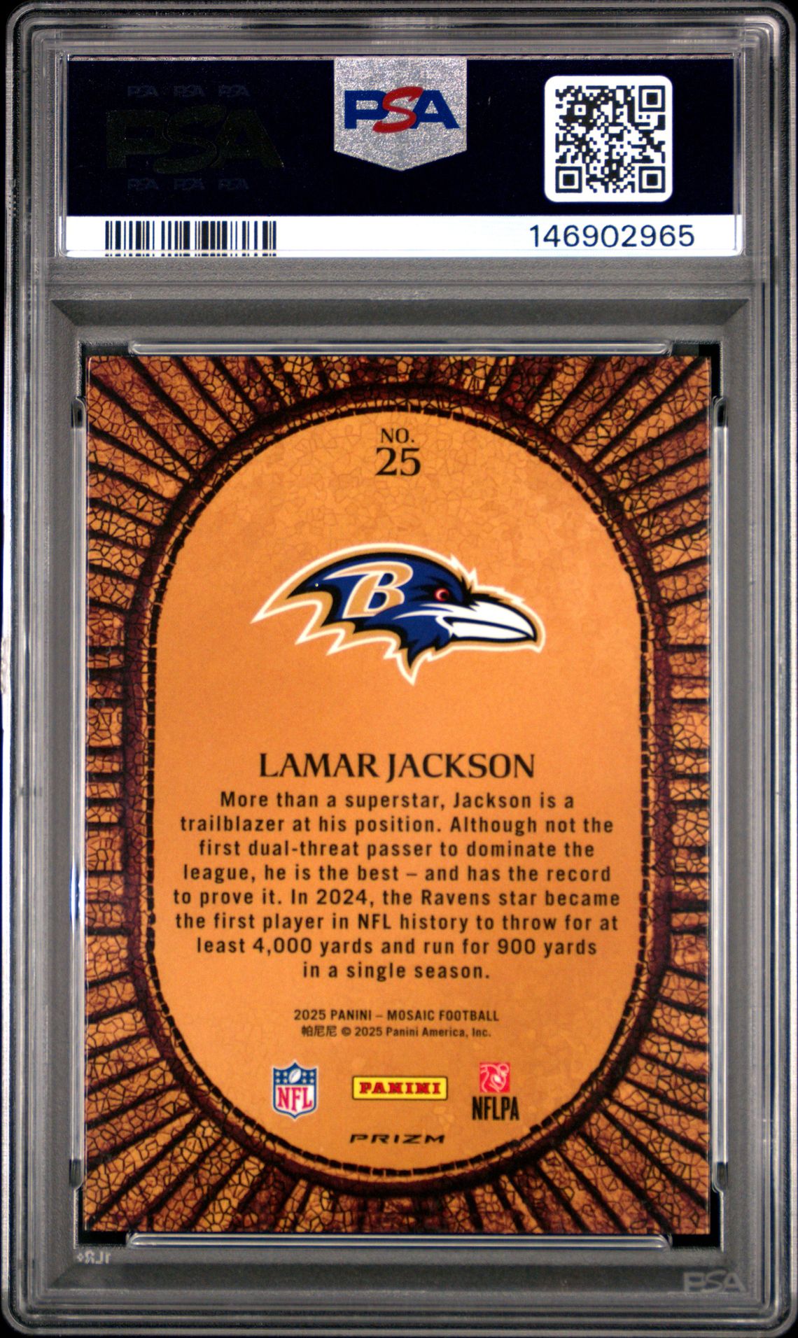 2025 Panini Mosaic Micro Mosaic Lamar Jackson #25 Gem Mt 10 back view - PSA certificate #146902965