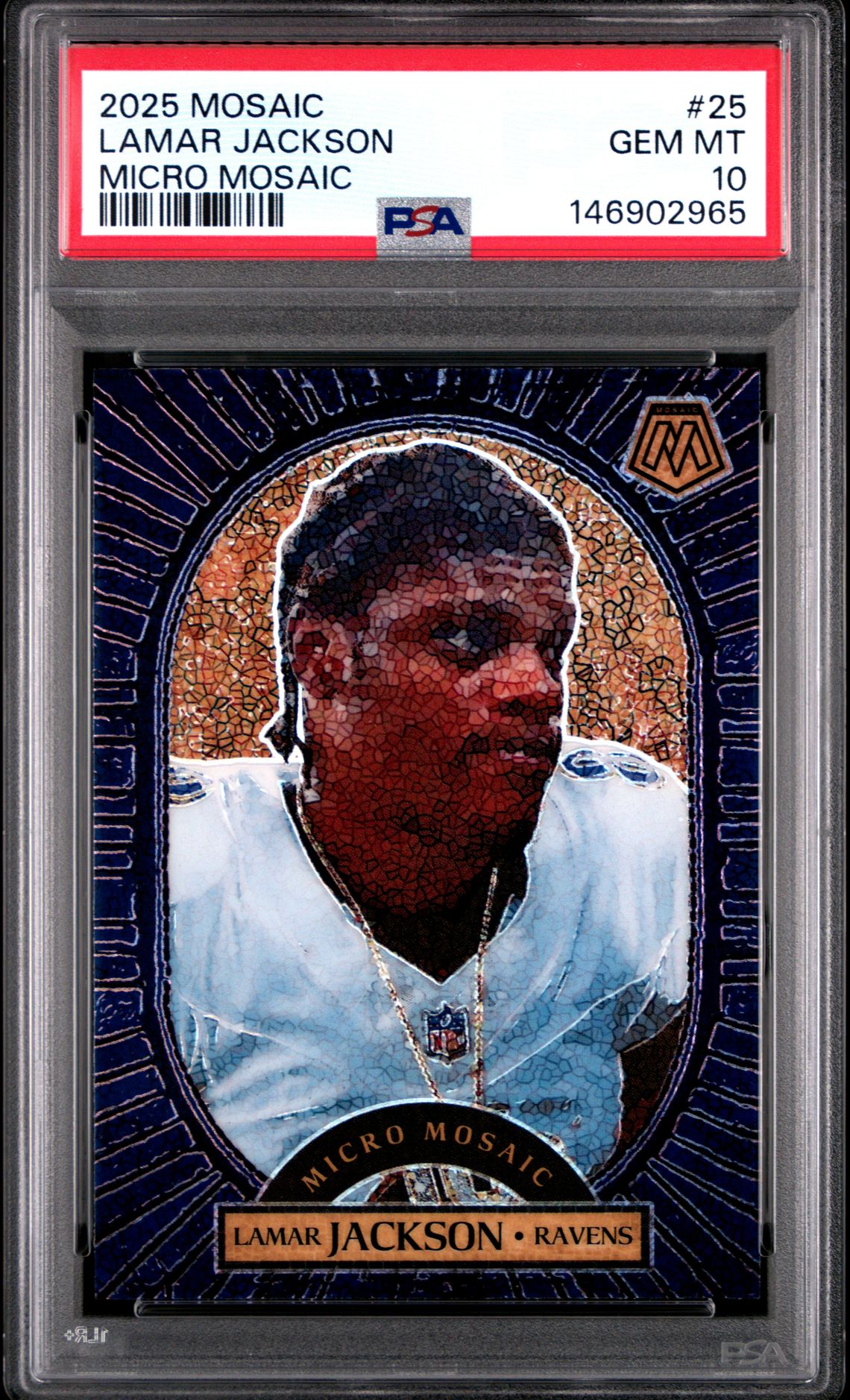 2025 Panini Mosaic Micro Mosaic Lamar Jackson #25 Gem Mt 10 front view - PSA graded GEM MT 10