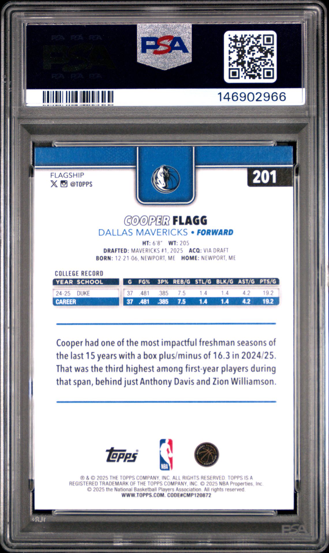 2025 Topps Cooper Flagg #201 Gem Mt 10 back