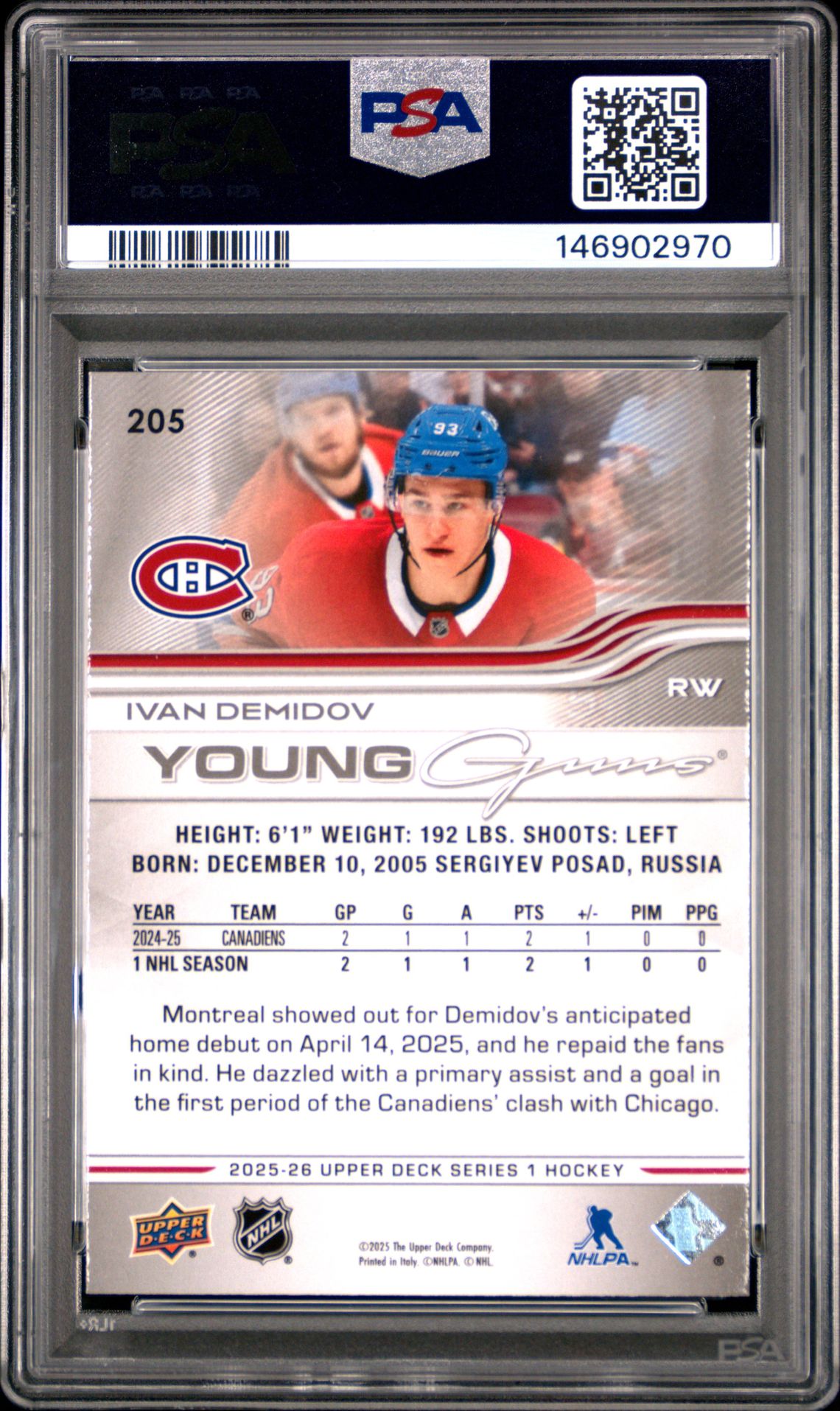 2025 Upper Deck Ivan Demidov #205 Gem Mt 10 back