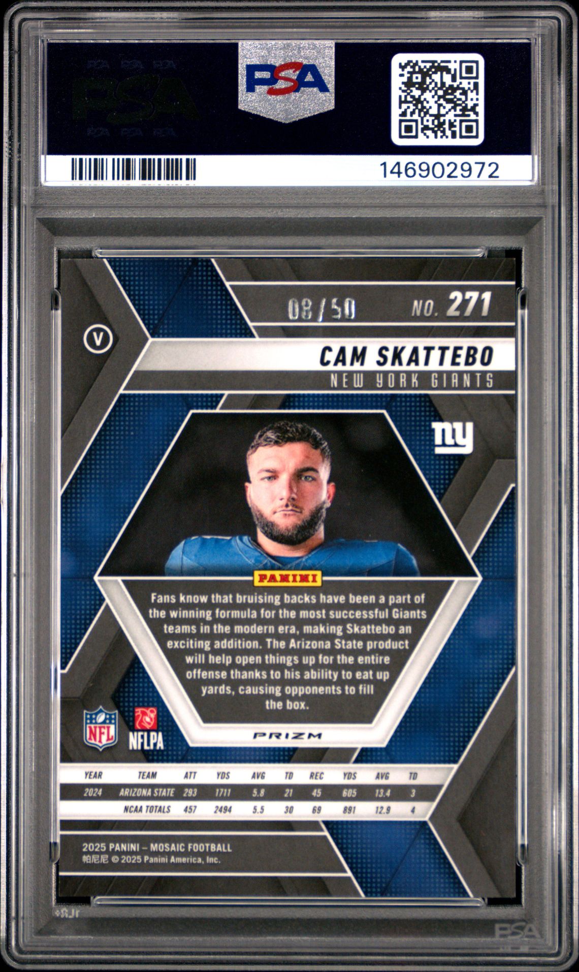 2025 Panini Mosaic Cam Skattebo #271 (Purple No Huddle) Gem Mt 10 back