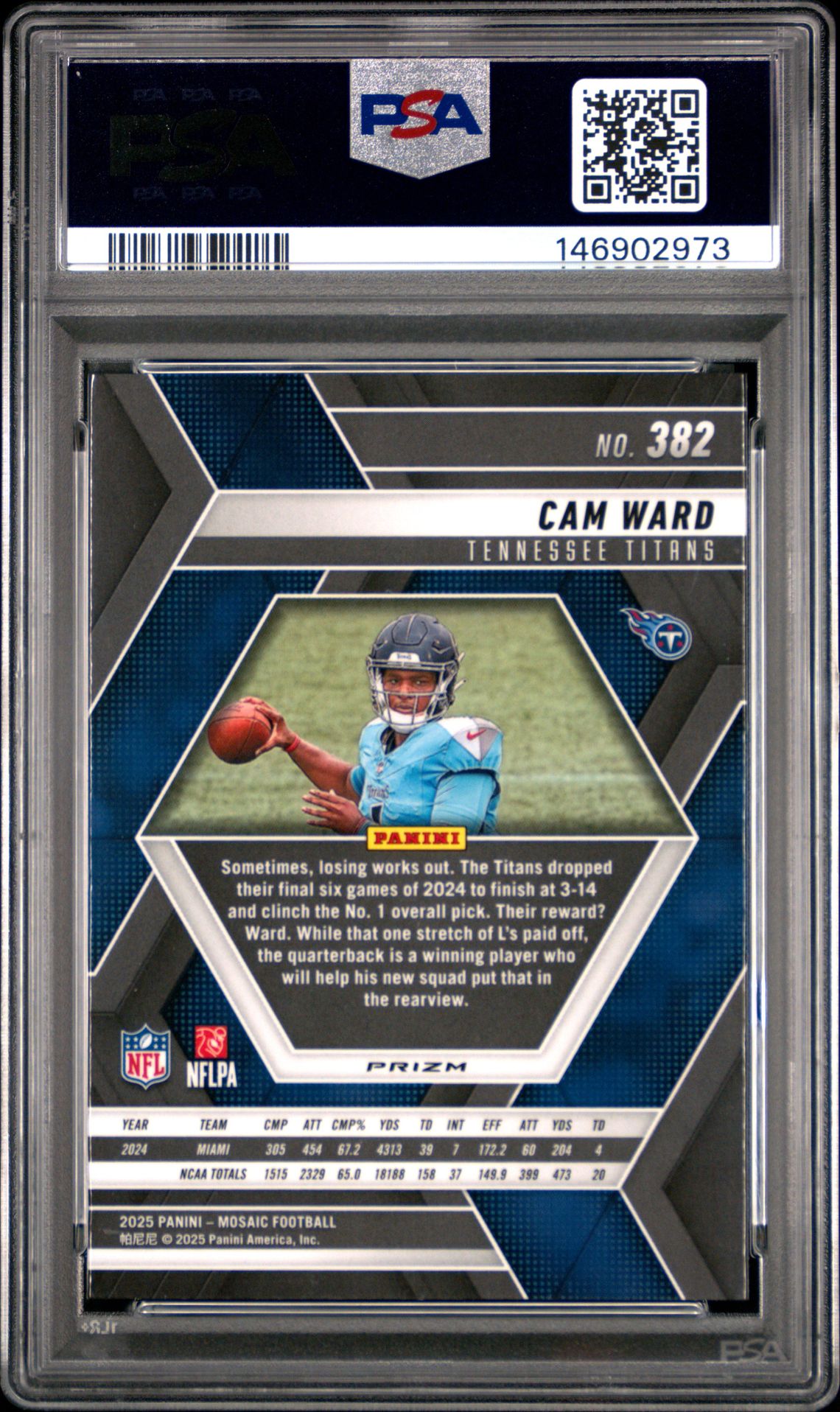 2025 Panini Mosaic Cam Ward #382 (Purple Scope) Gem Mt 10 back