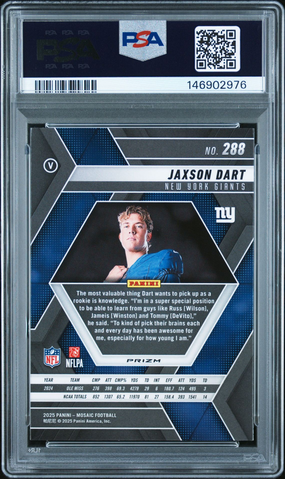 2025 Panini Mosaic Jaxson Dart #288 (Purple Scope) Gem Mt 10 back