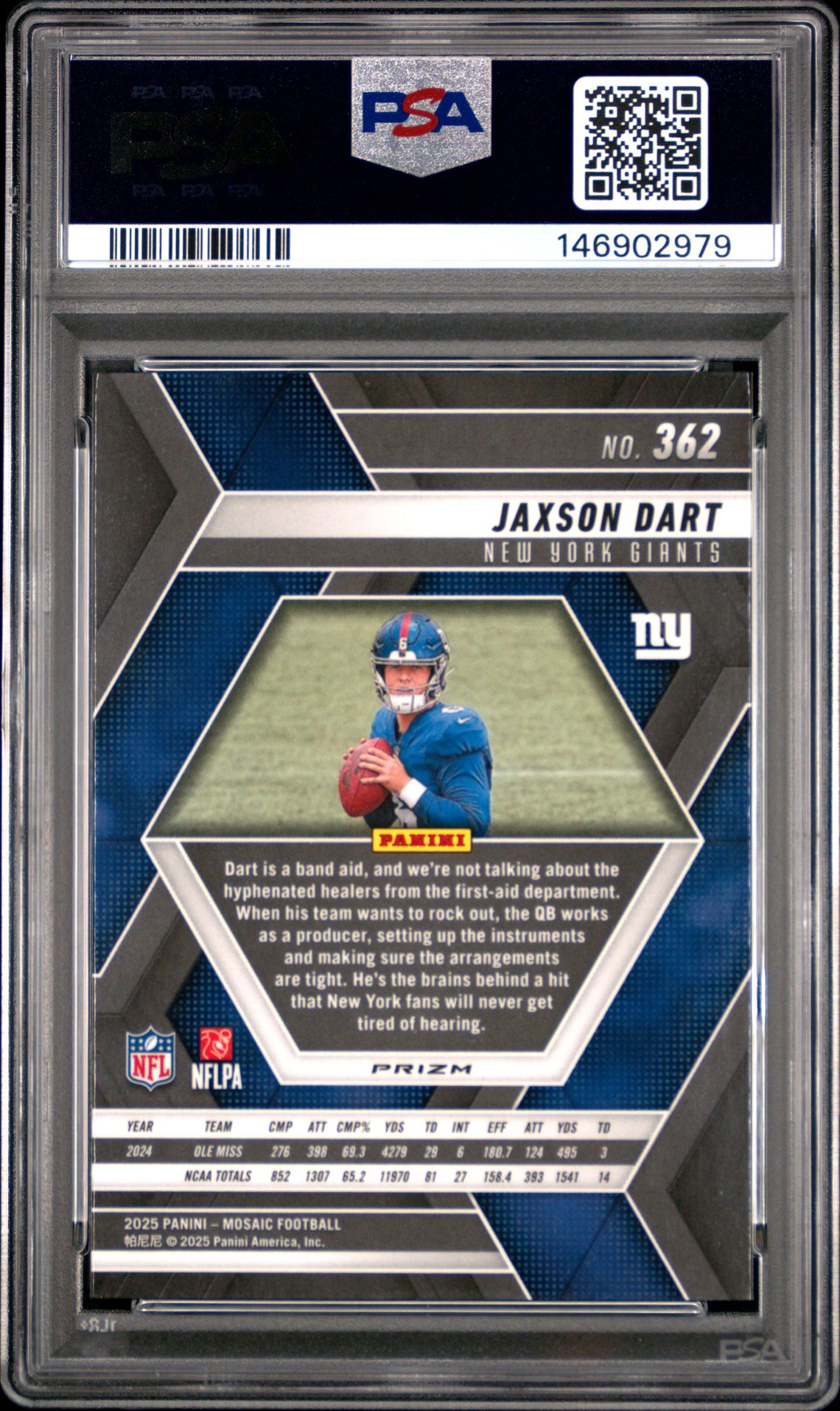 2025 Panini Mosaic Jaxson Dart #362 (Red & White Stripe) Gem Mt 10 back