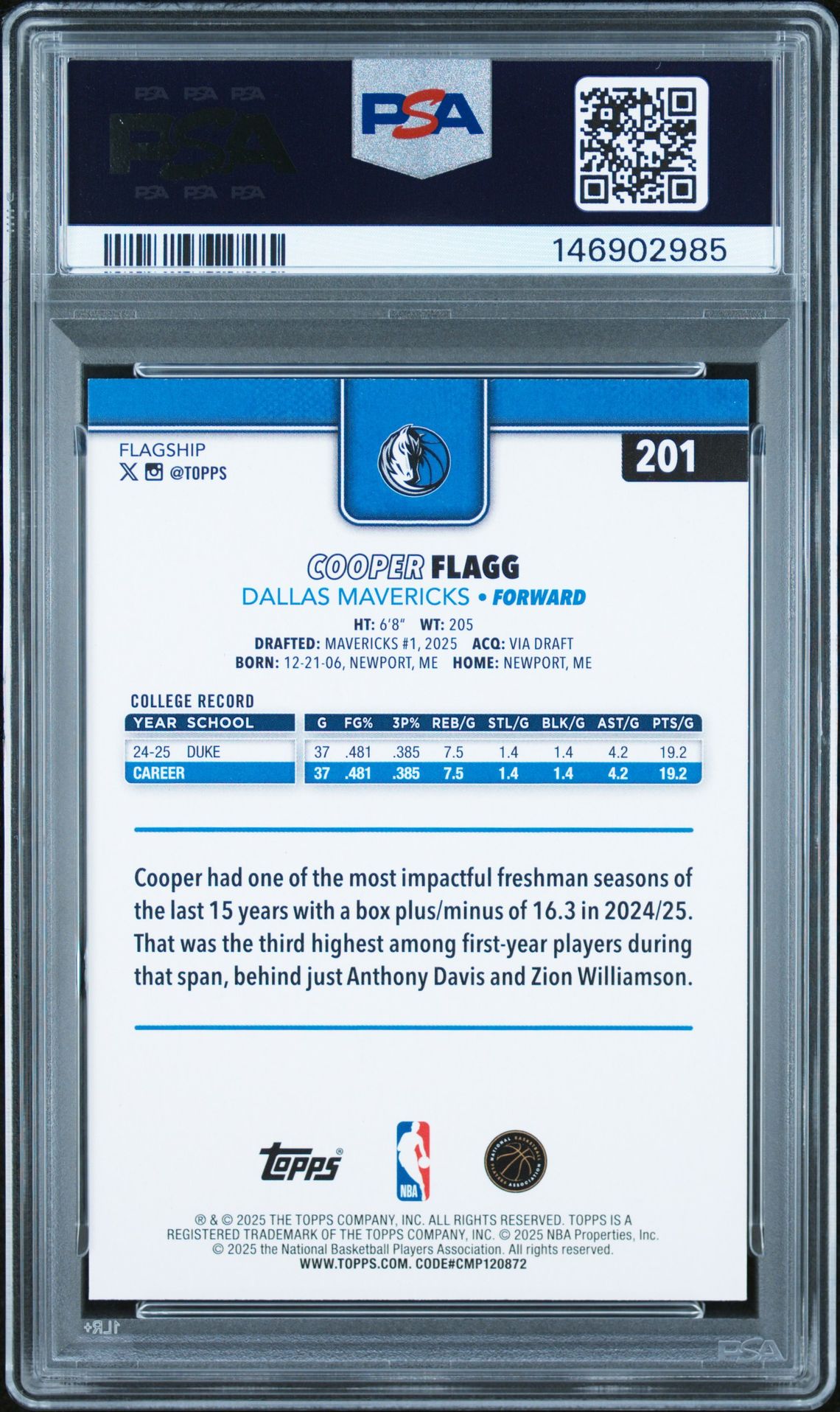 2025 Topps Cooper Flagg #201 Gem Mt 10 back