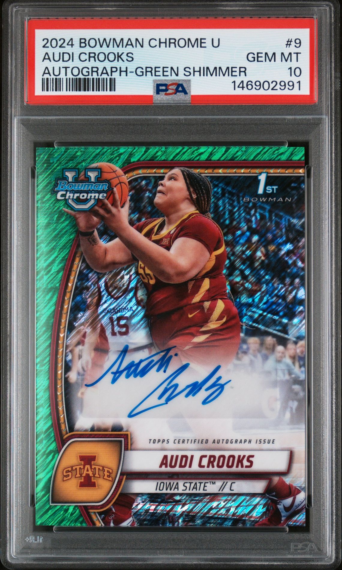 2024 Bowman Chrome University Audi Crooks #9 (Autograph-Green Shimmer) Gem Mt 10 front