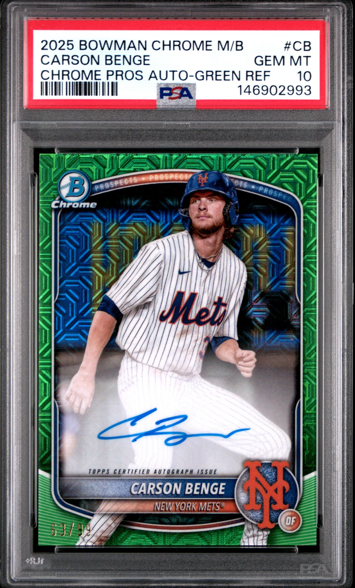 2025 Bowman Chrome Mega Box Chrome Prospects Autographs Carson Benge #Cb (Chrome Pros Auto-Green Ref) Gem Mt 10 front