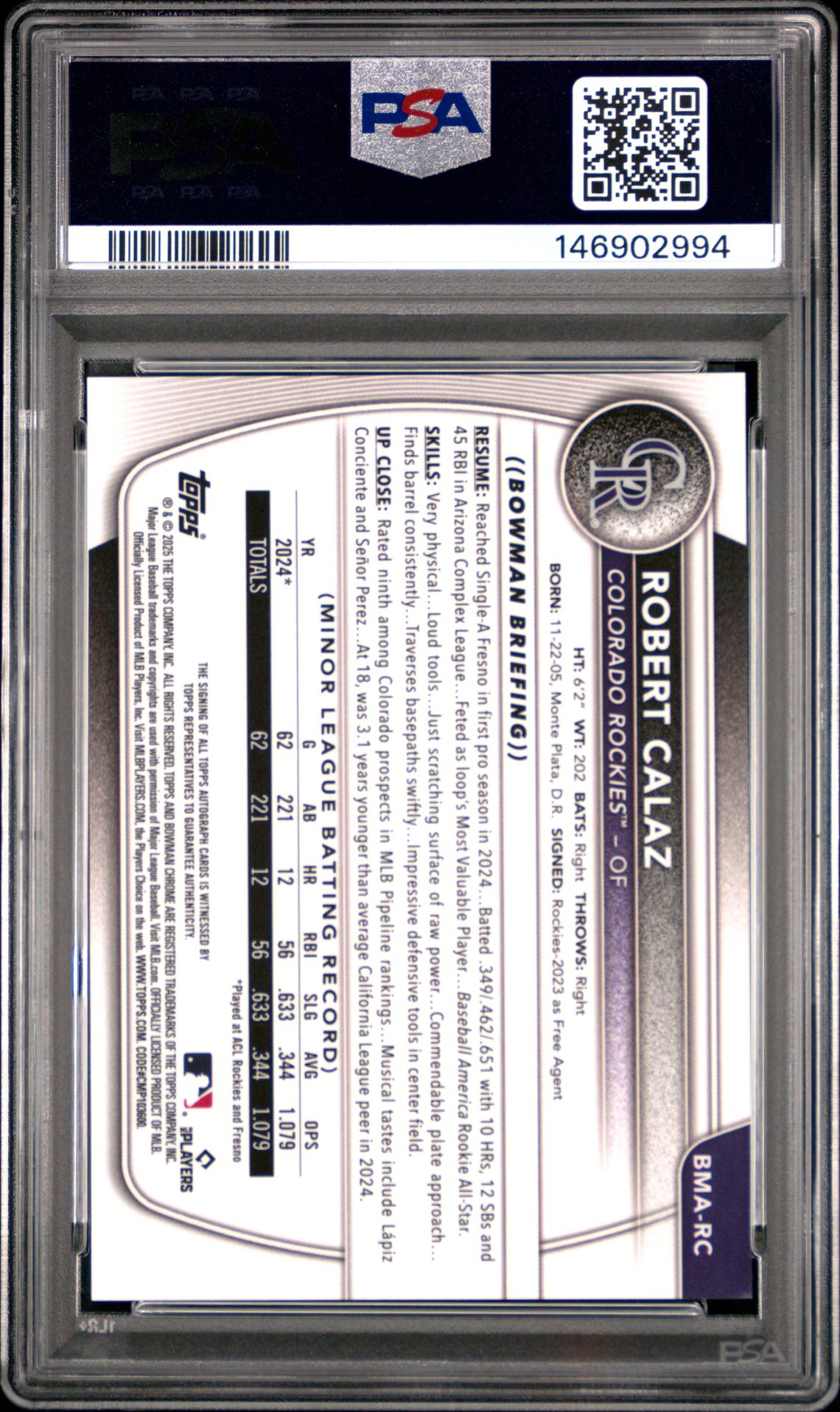 2025 Bowman Mega Box Bowman Prospect Mega Autographs Robert Calaz #Rc Gem Mt 10 back