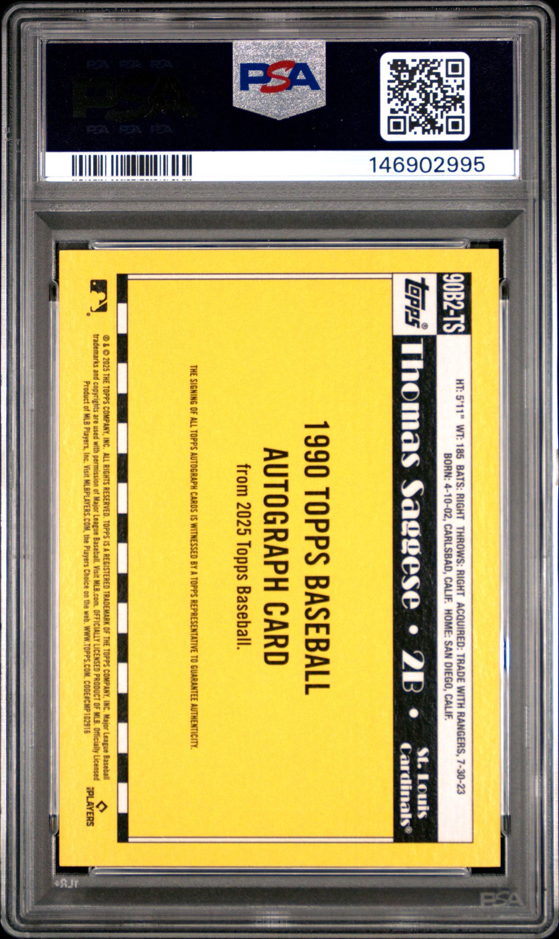 2025 Topps 1990 Topps Baseball Autographs Thomas Saggese #90B2Ts (Series 2) Gem Mt 10 back