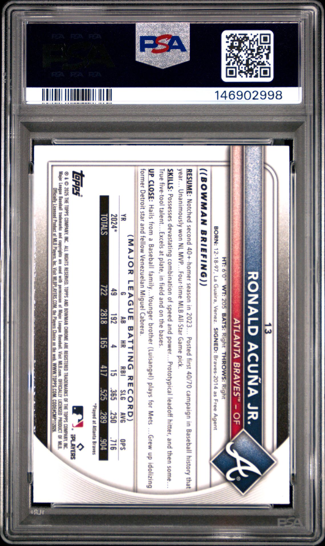 2025 Bowman Chrome Ronald Acuna Jr. #13 (Pulsar Refractor) Gem Mt 10 back