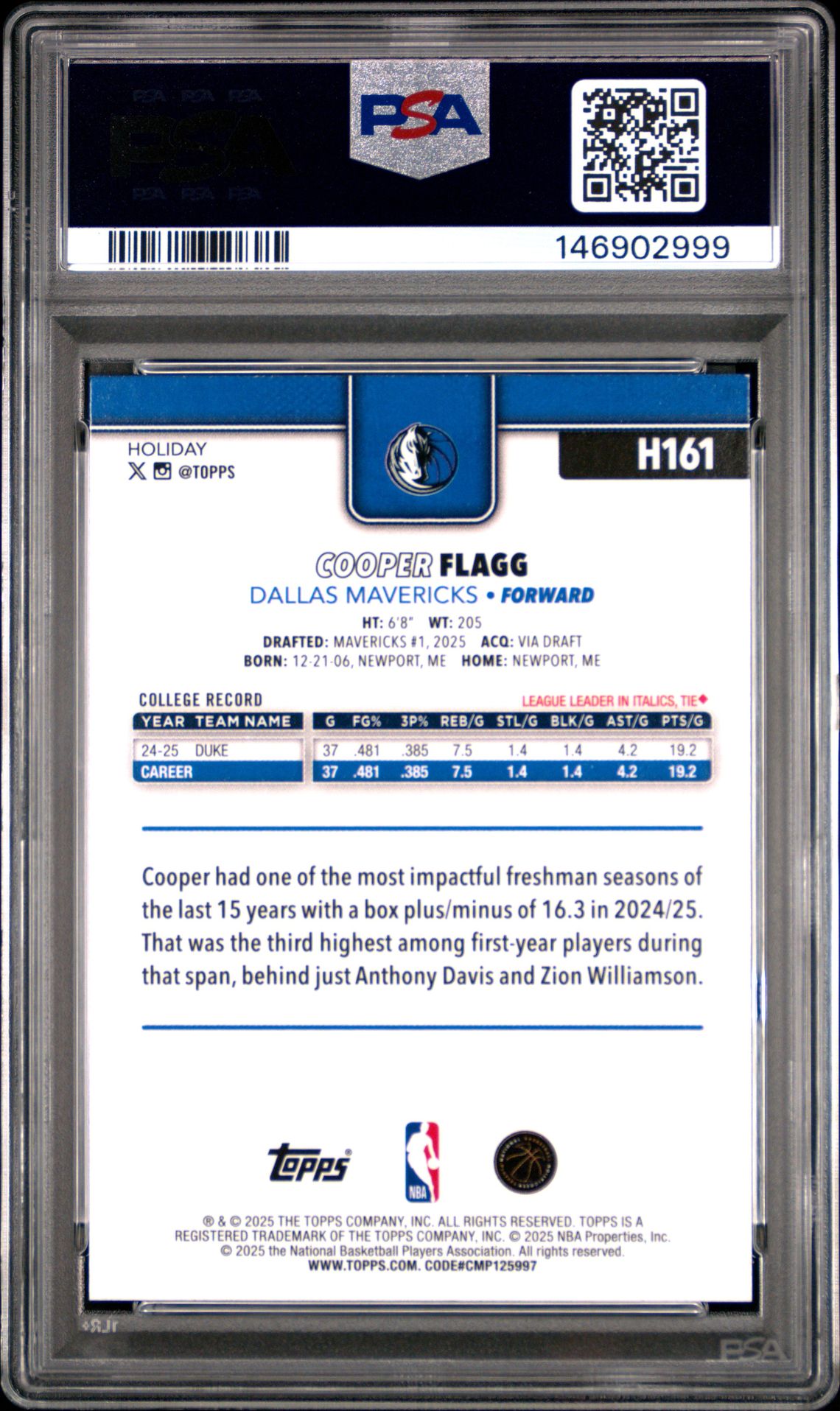 2025 Topps Holiday Cooper Flagg #H161 Mint 9 back