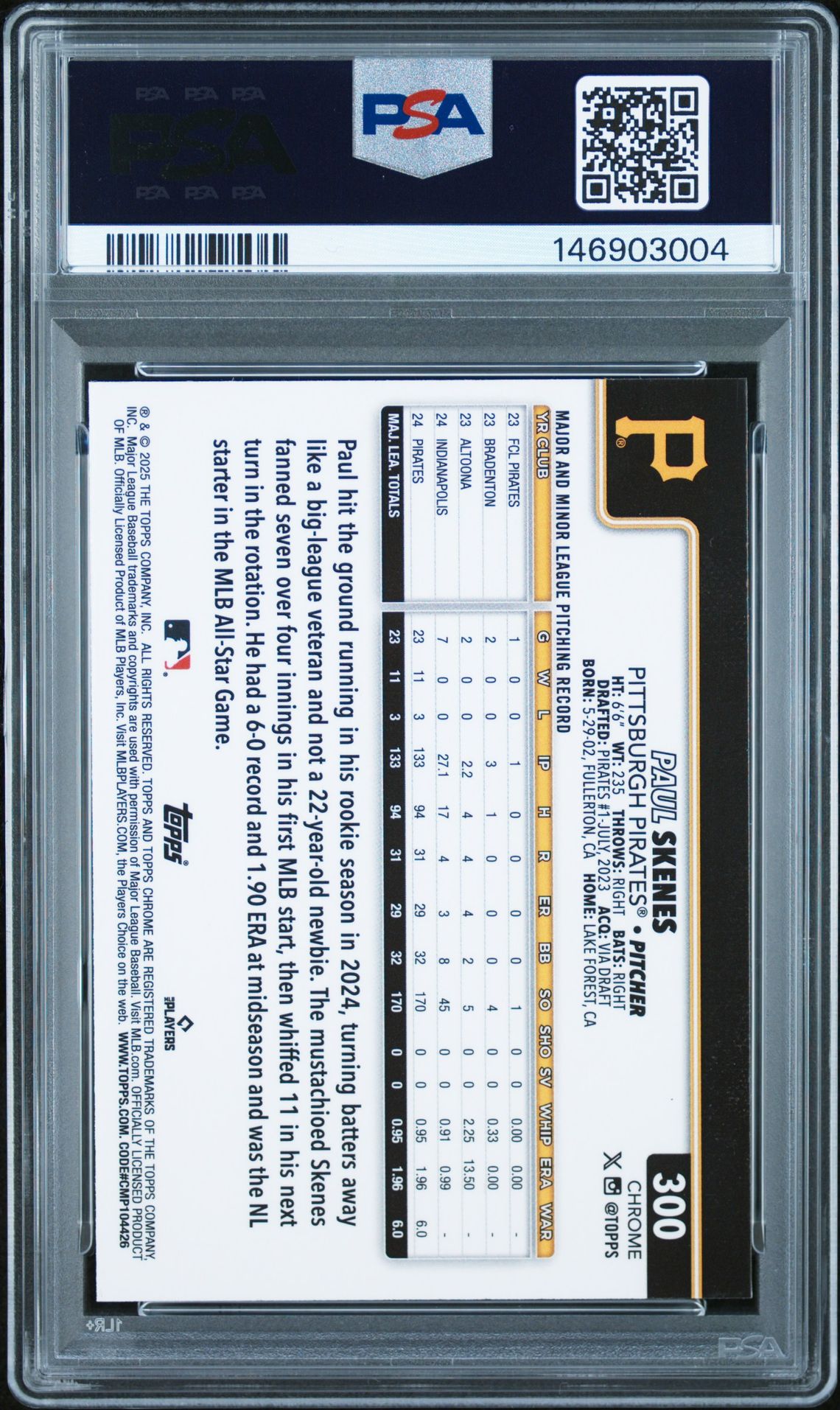 2025 Topps Chrome Logofractor Edition Paul Skenes #300 Gem Mt 10 back