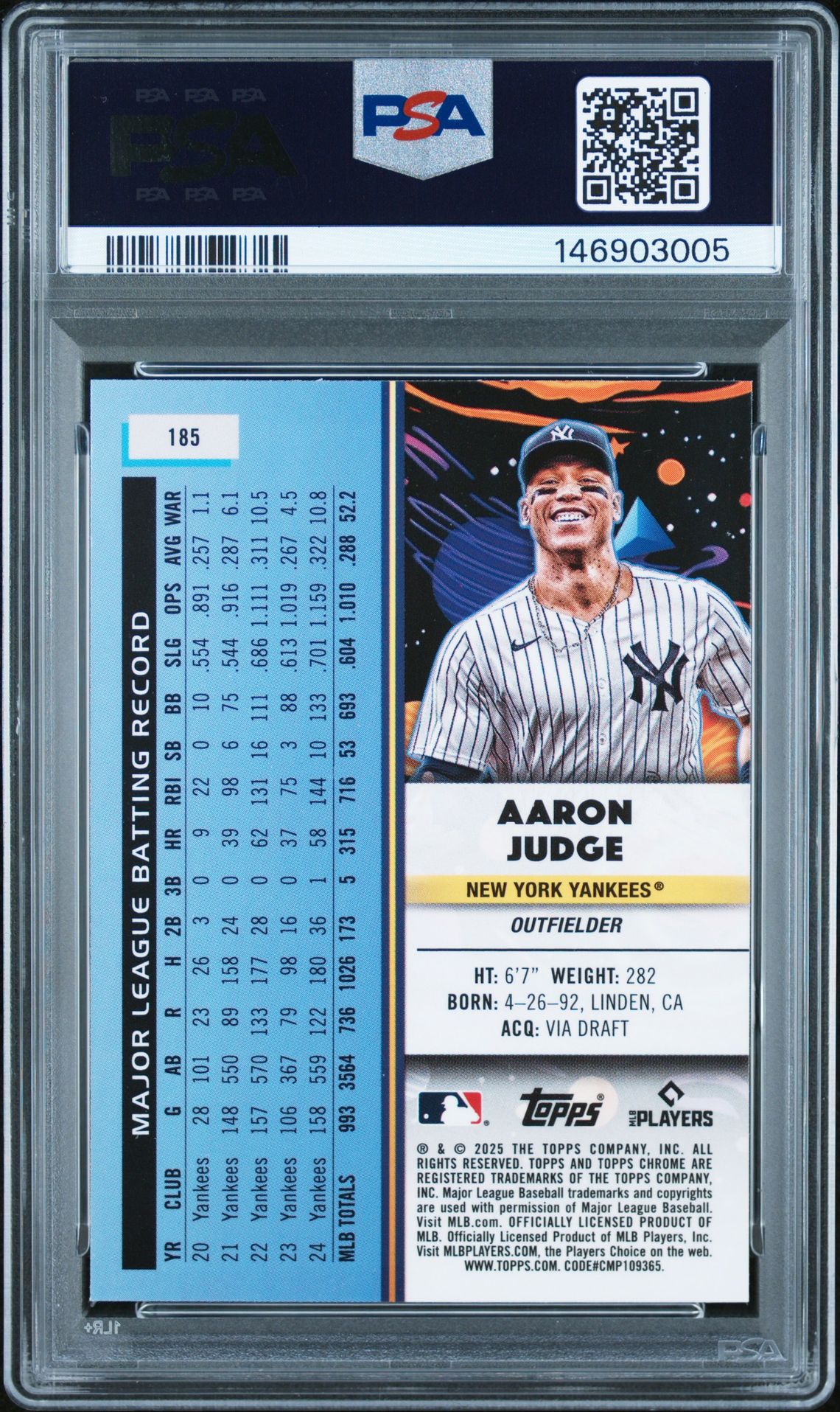 2025 Topps Cosmic Chrome Aaron Judge #185 Gem Mt 10 back