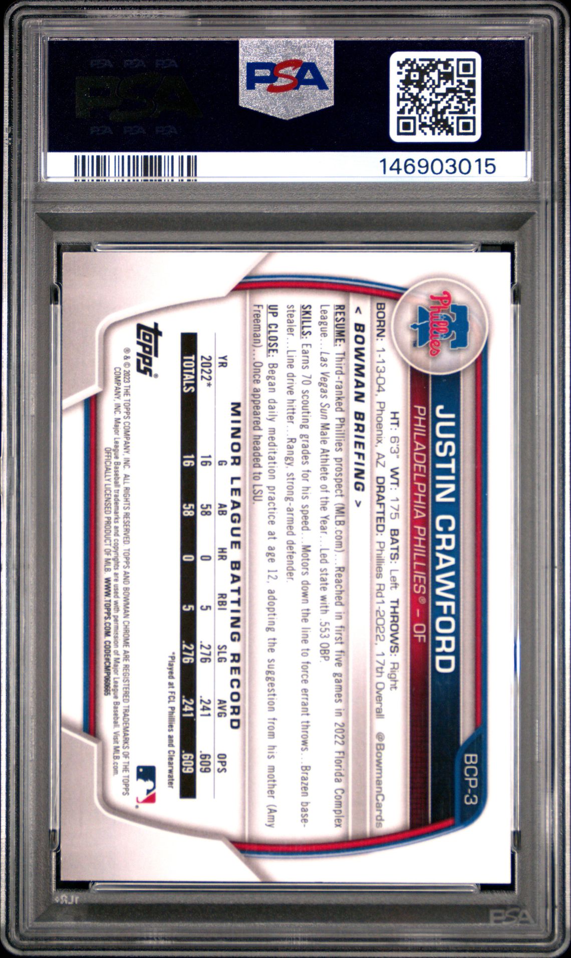 2023 Bowman Chrome Prospects Justin Crawford #Bcp3 (Chrome Prospects-Lava Ref) Gem Mt 10 back