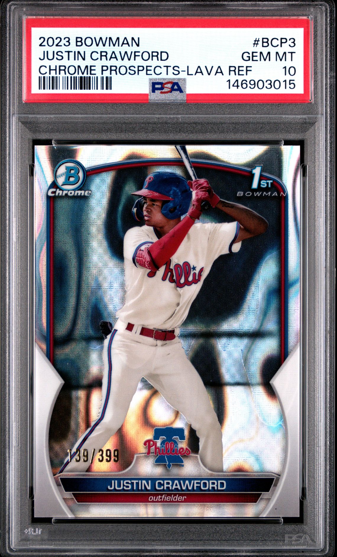 2023 Bowman Chrome Prospects Justin Crawford #Bcp3 (Chrome Prospects-Lava Ref) Gem Mt 10 front