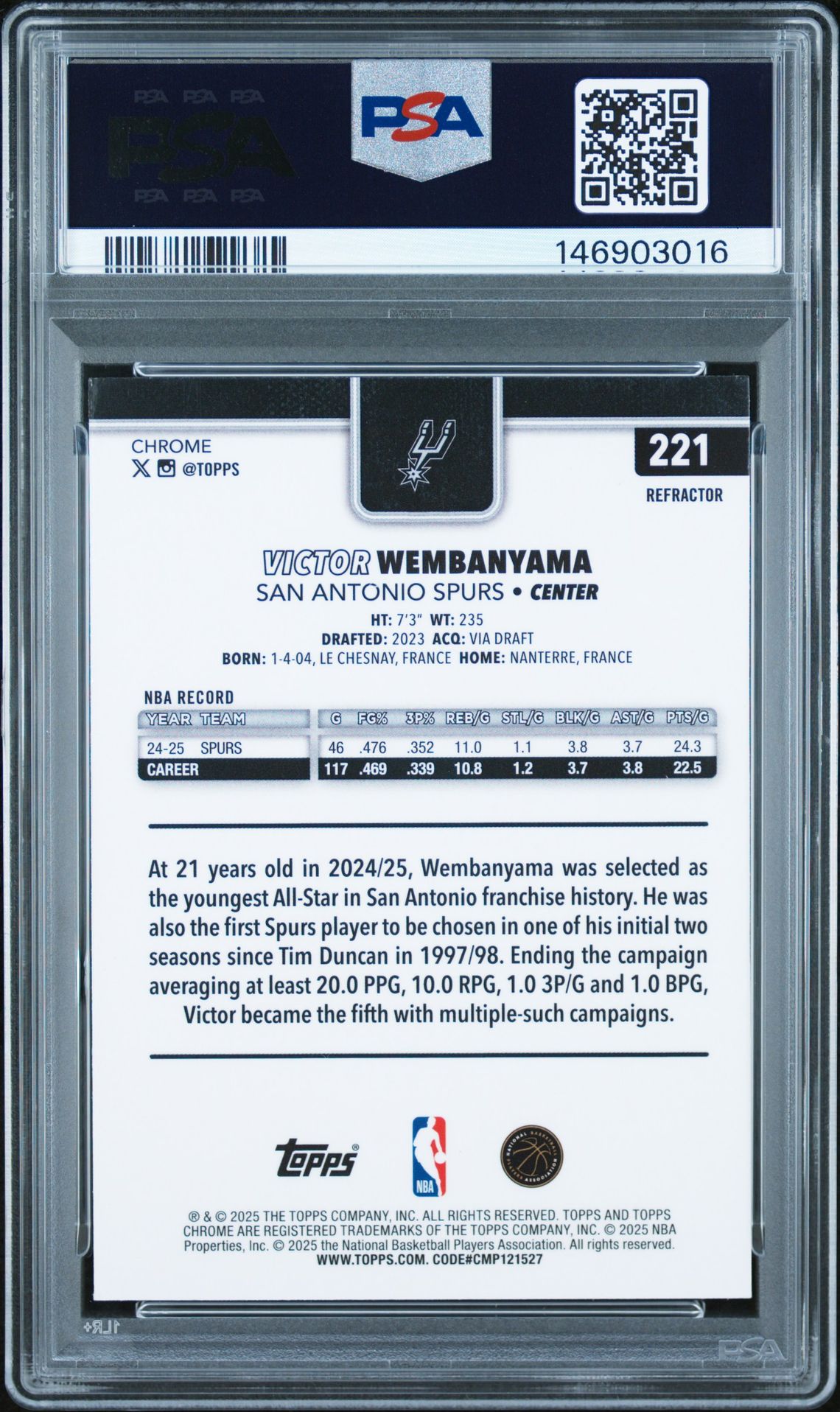 2025 Topps Chrome Victor Wembanyama #221 (Refractor) Mint 9 back