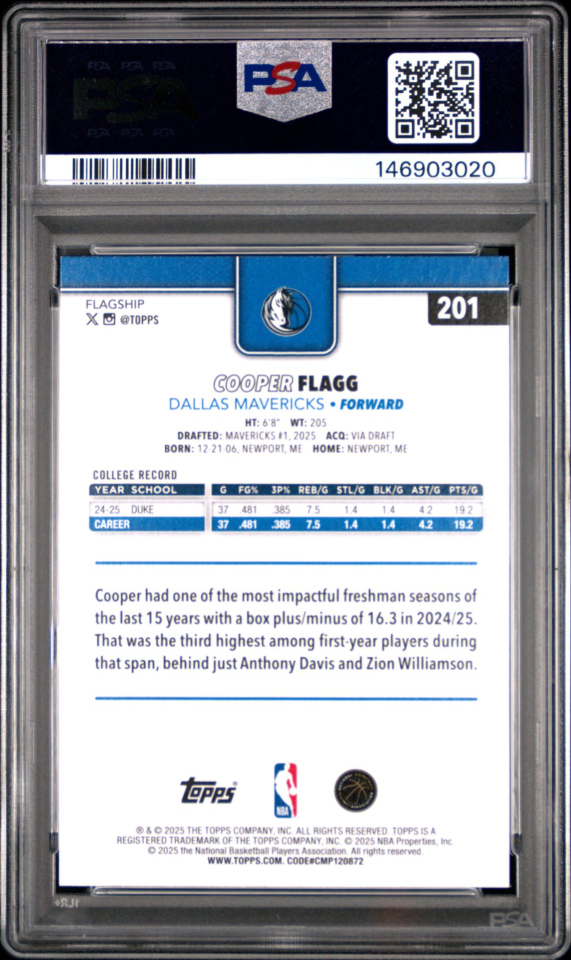 2025 Topps Cooper Flagg #201 Gem Mt 10 back