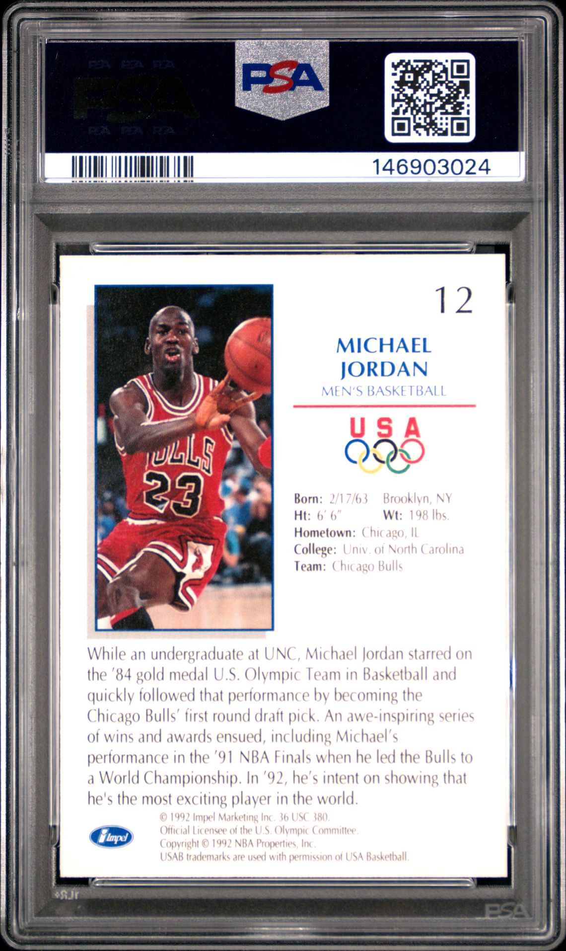 1992 Impel Olympicards Michael Jordan #12 (Basketball) Mint 9 back