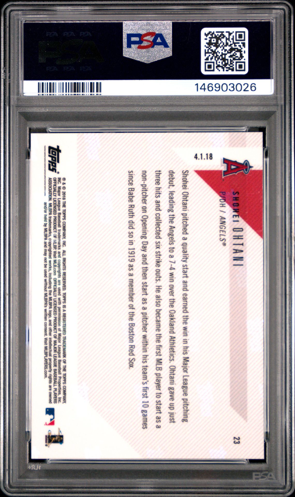 2018 Topps Now Shohei Ohtani #23 Gem Mt 10 back