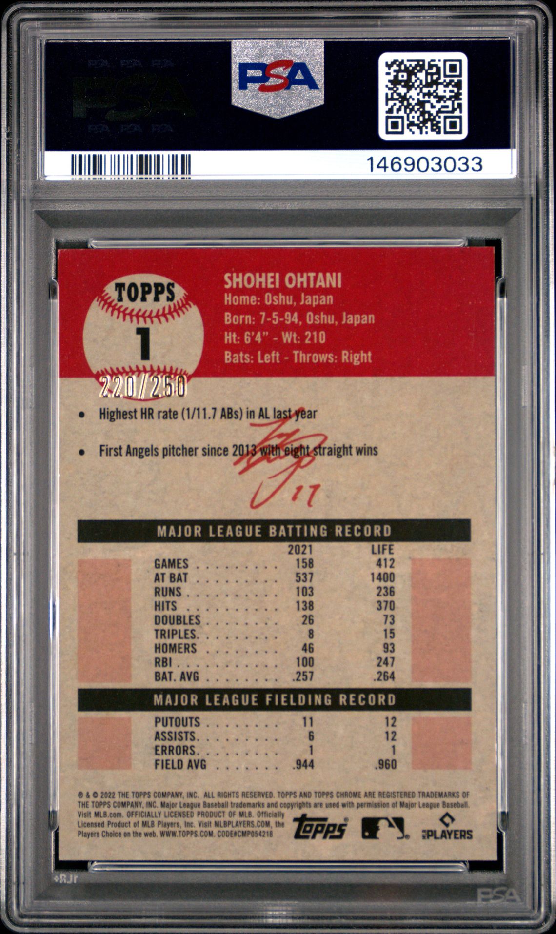 2022 Topps Chrome Platinum Anniversary Shohei Ohtani #1 (Yellow Raywave Refractor) Gem Mt 10 back