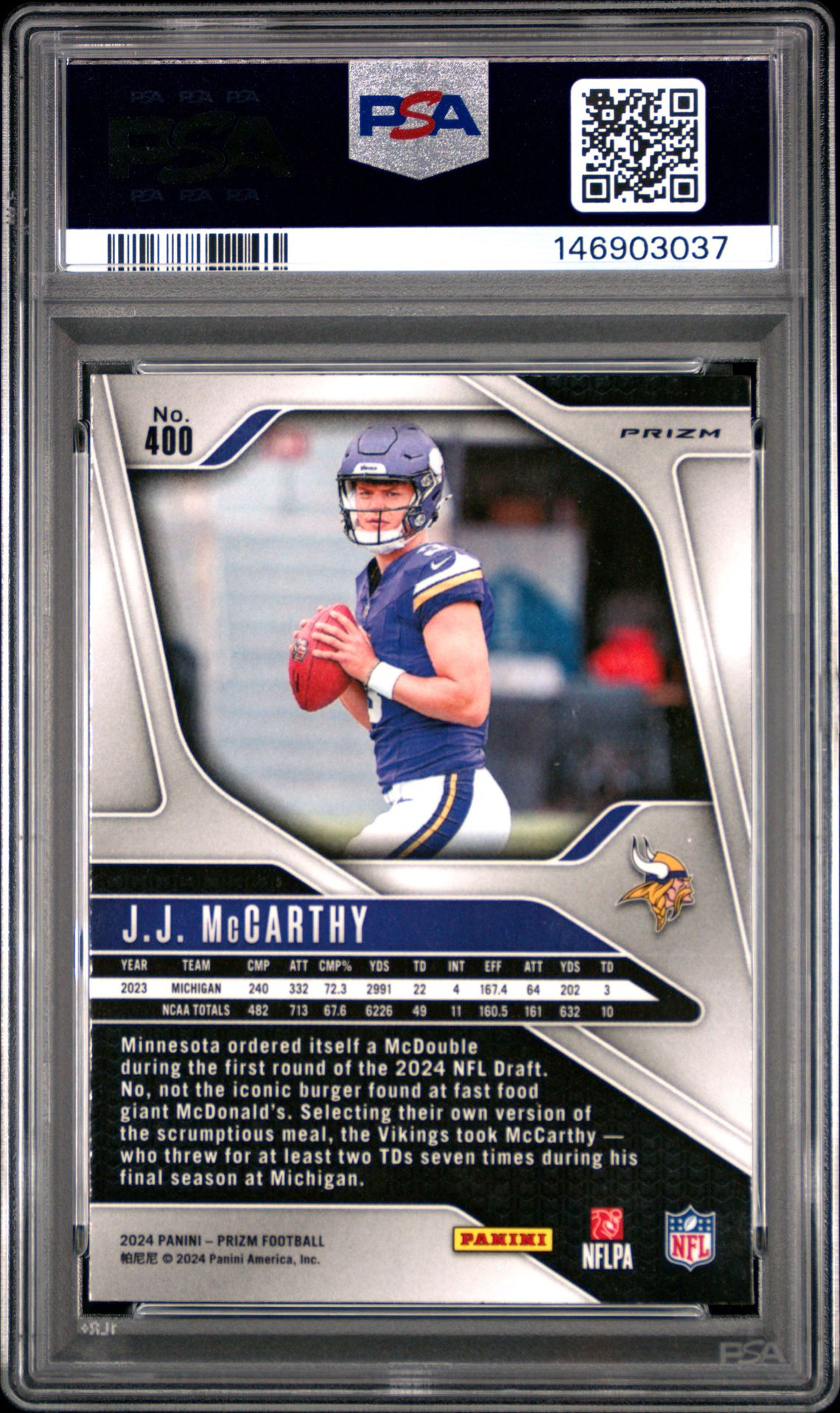 2024 Panini Prizm Jj Mccarthy #400 (Silver Prizm) Mint 9 back