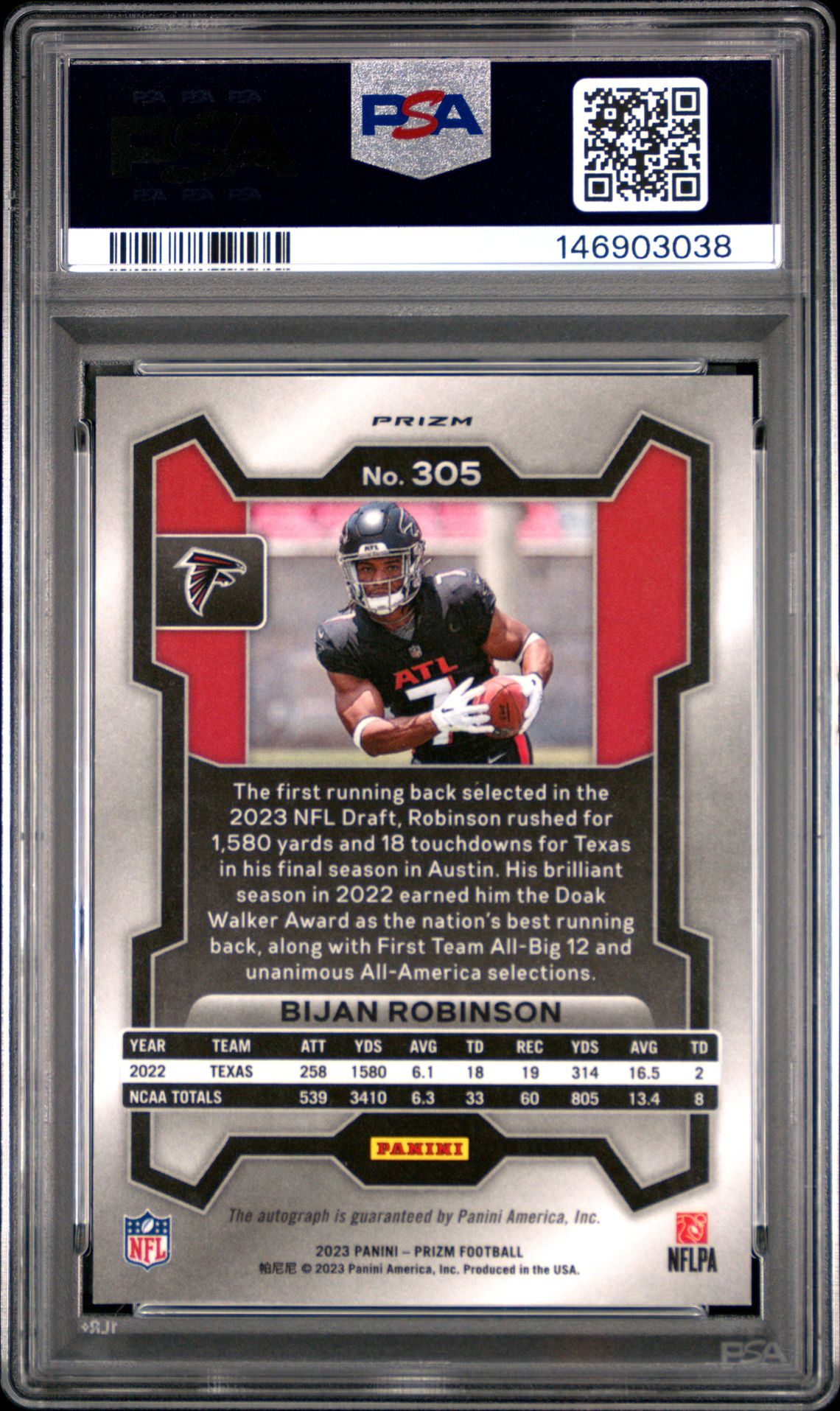 2023 Panini Prizm Bijan Robinson #305 (Autograph) Mint 9 back