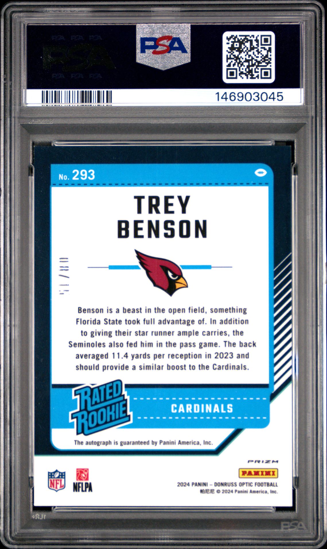 2024 Panini Donruss Optic Trey Benson #293 (Autograph-Ice) Mint 9 back