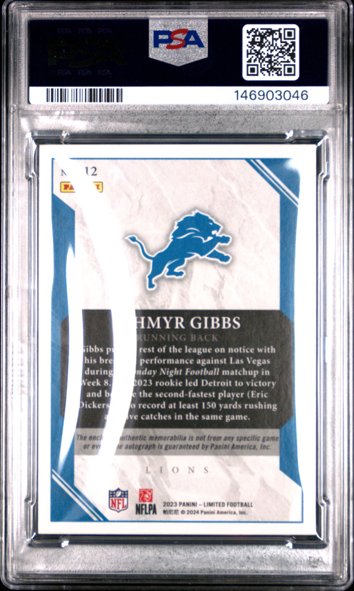2023 Panini Limited Jahmyr Gibbs #112 (Pat Au-Amethyst Spotlight) Nm 7 back