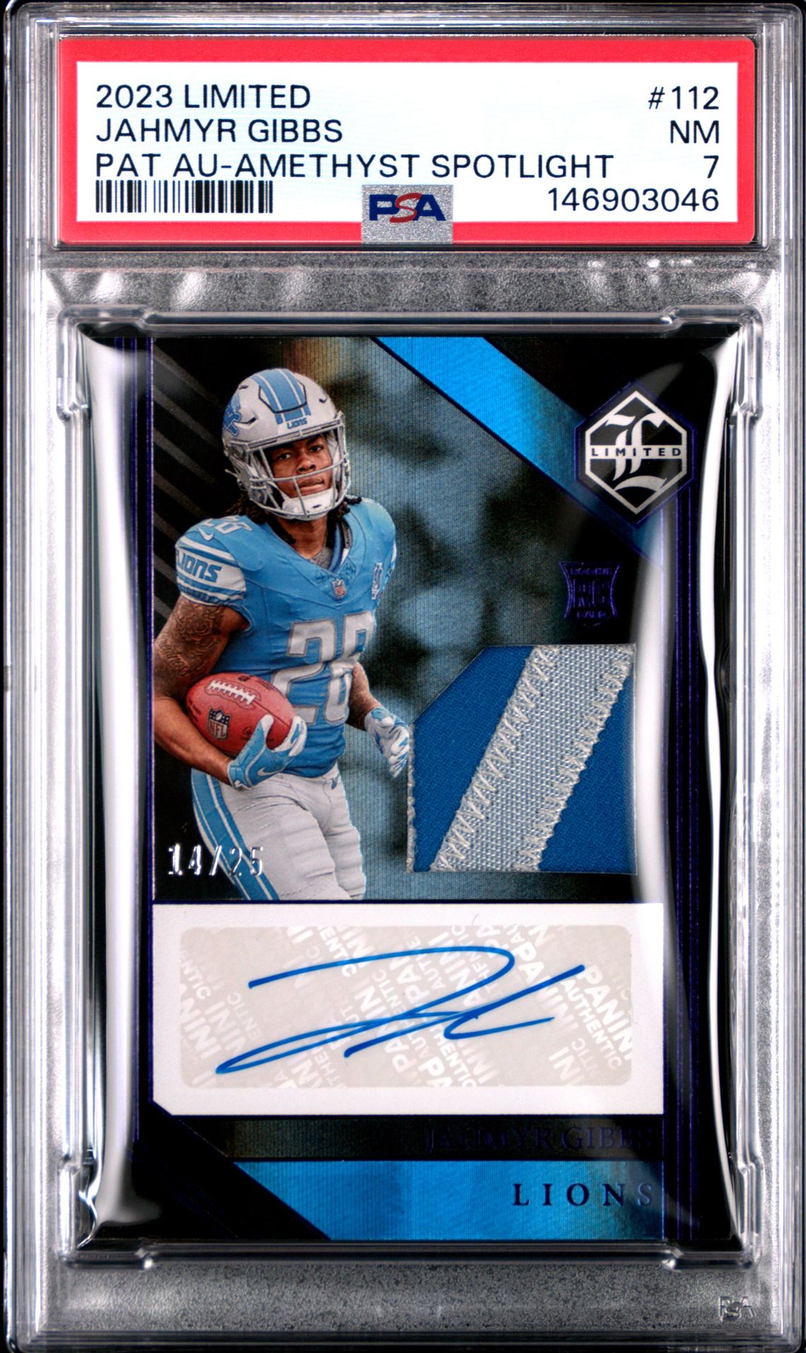 2023 Panini Limited Jahmyr Gibbs #112 (Pat Au-Amethyst Spotlight) Nm 7 front