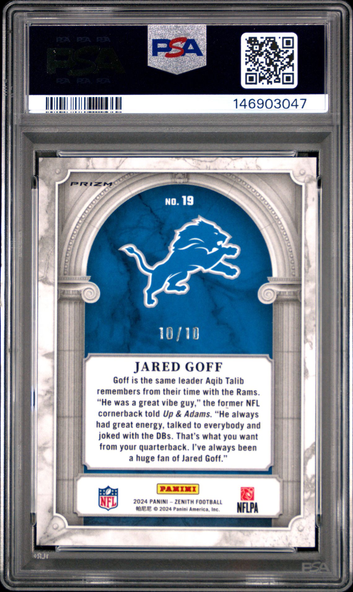 2024 Panini Zenith Z Marquee Jared Goff #19 (Z Marquee-Gold) Mint 9 back