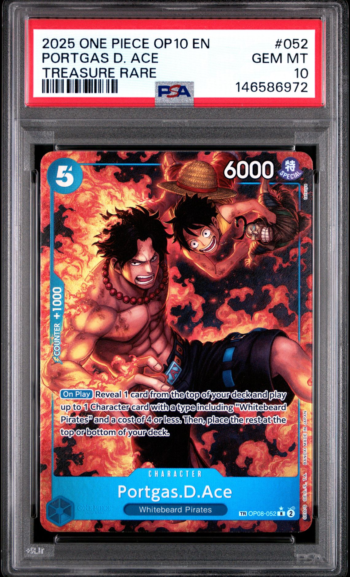2025 One Piece Op10-Royal Blood Portgas D. Ace #052 (Treasure Rare) Gem Mt 10 front view - PSA graded GEM MT 10