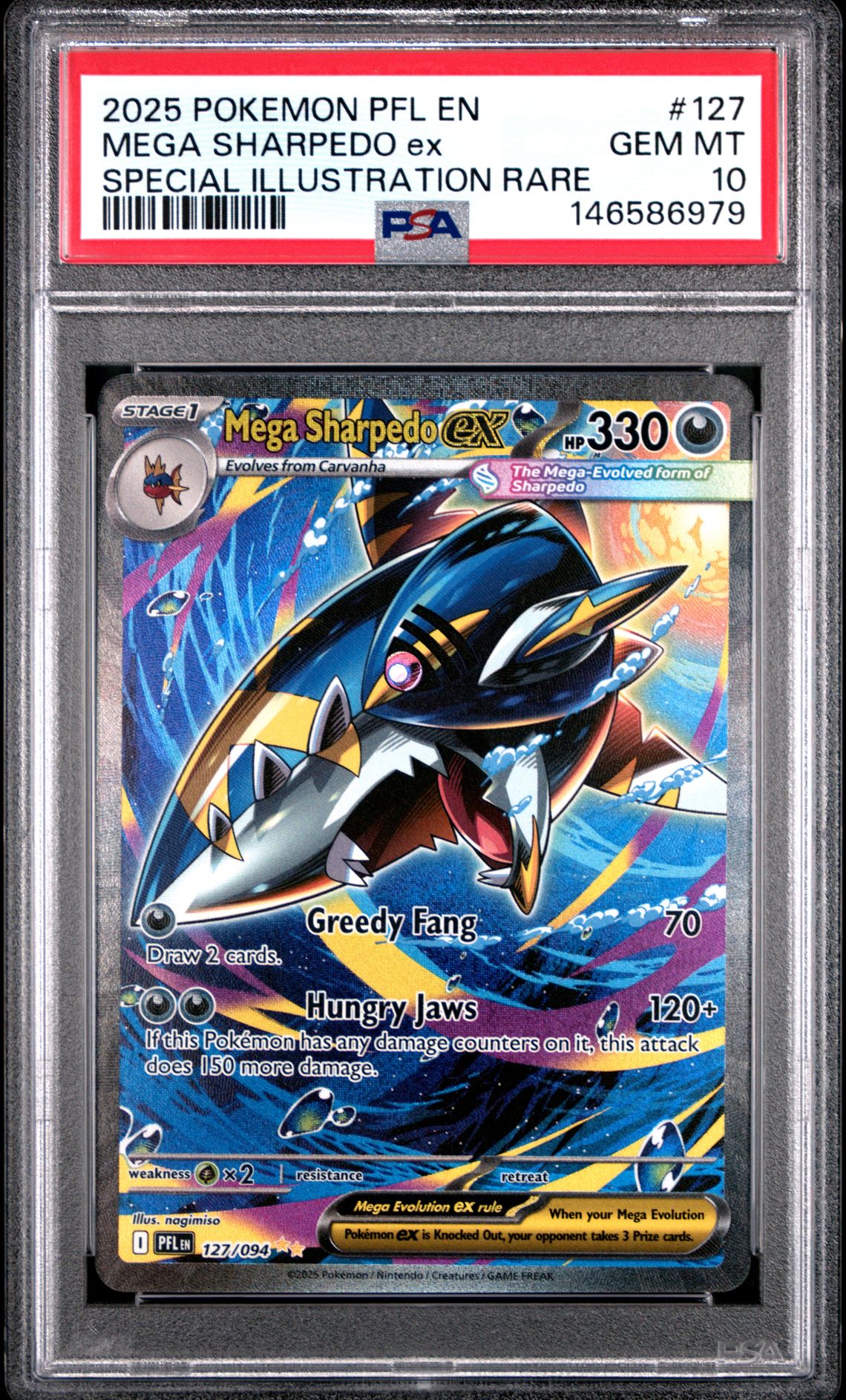 2025 Pokemon Pfl En-Phantasmal Flames Mega Sharpedo Ex #127 (Special Illustration Rare) Gem Mt 10 front view - PSA graded GEM MT 10