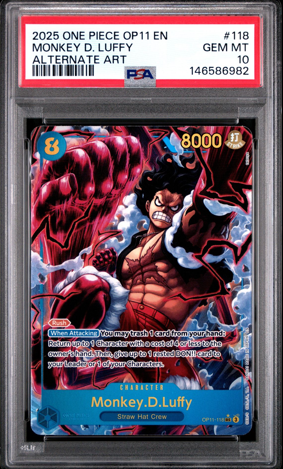 2025 One Piece Op11-A Fist Of Divine Speed Monkey D. Luffy #118 (Alternate Art) Gem Mt 10 front