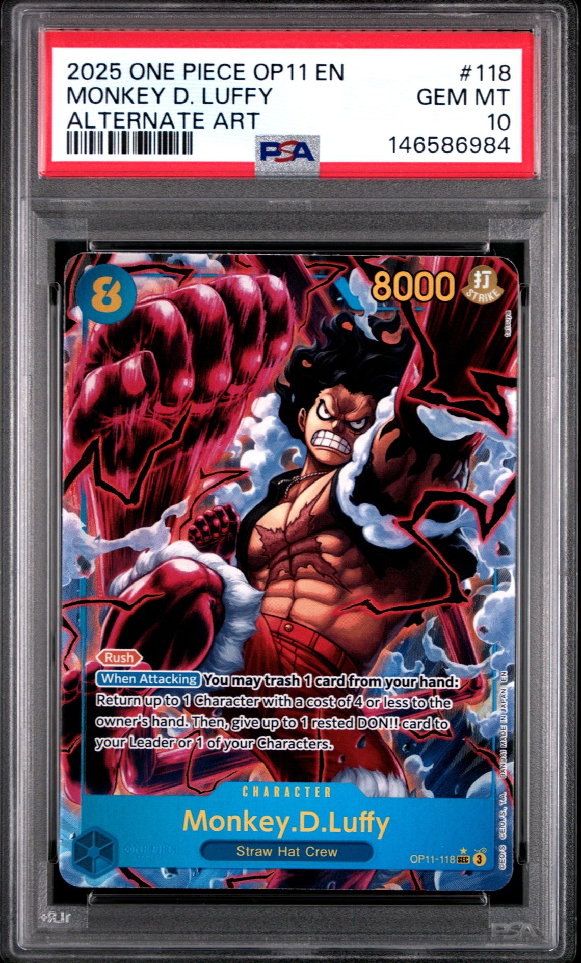 2025 One Piece Op11-A Fist Of Divine Speed Monkey D. Luffy #118 (Alternate Art) Gem Mt 10 front