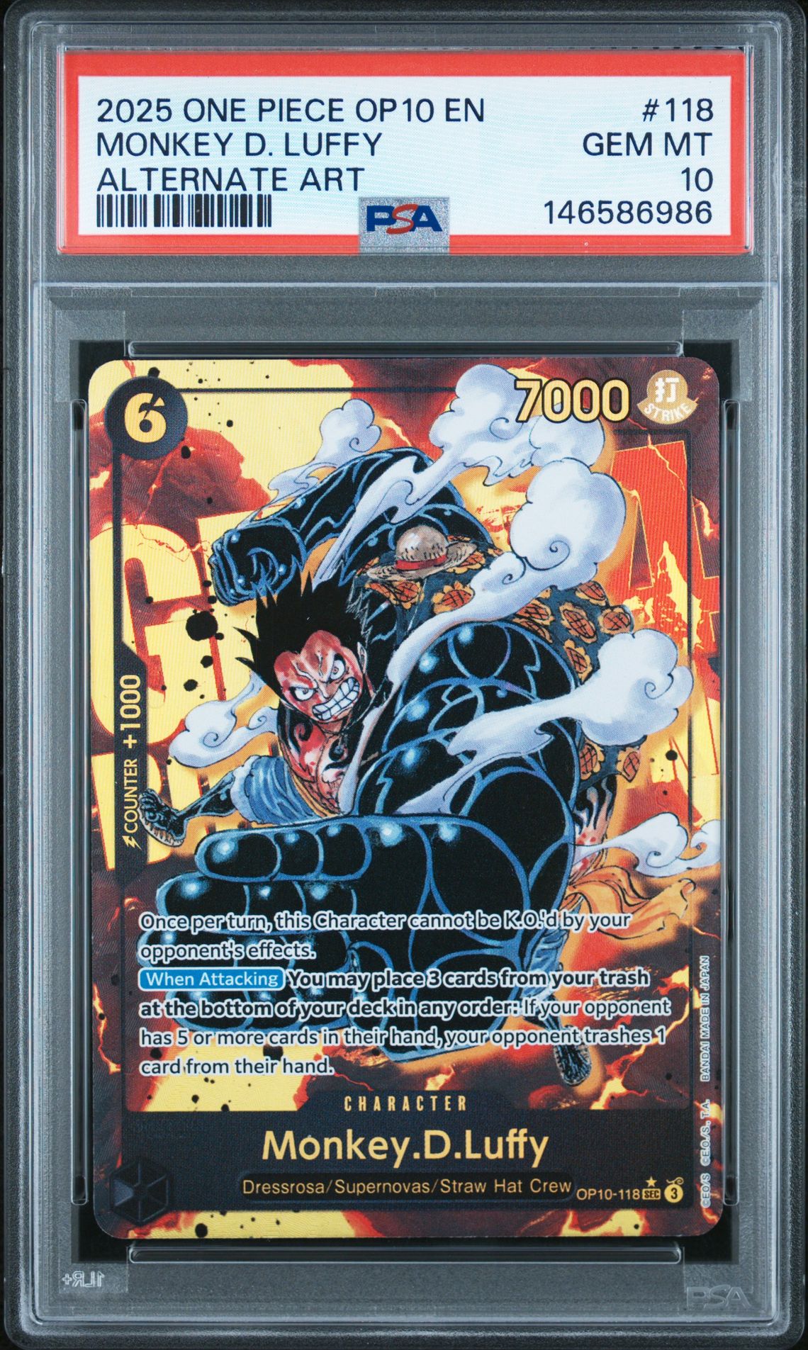 2025 One Piece Op10-Royal Blood Monkey D. Luffy #118 (Alternate Art) Gem Mt 10 front view - PSA graded GEM MT 10