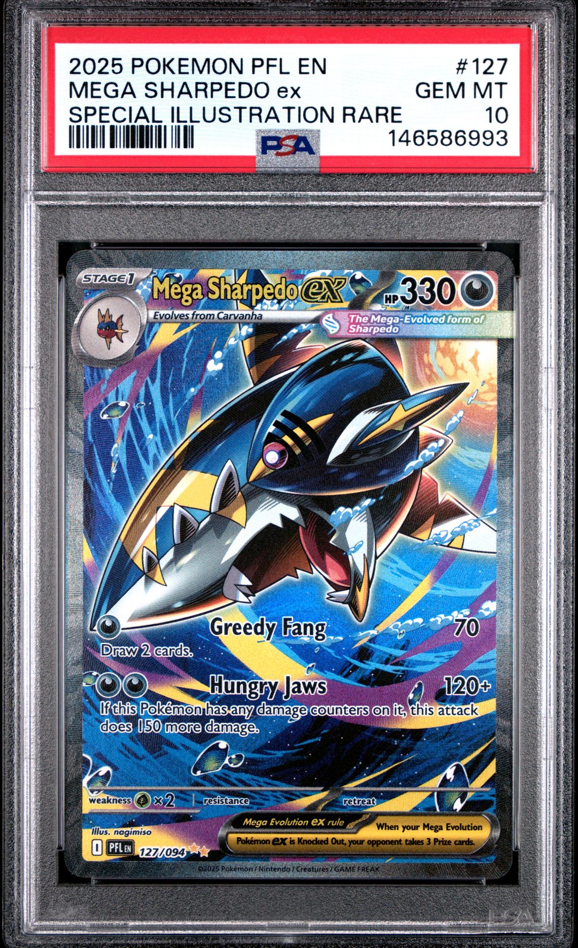 2025 Pokemon Pfl En-Phantasmal Flames Mega Sharpedo Ex #127 (Special Illustration Rare) Gem Mt 10 front view - PSA graded GEM MT 10