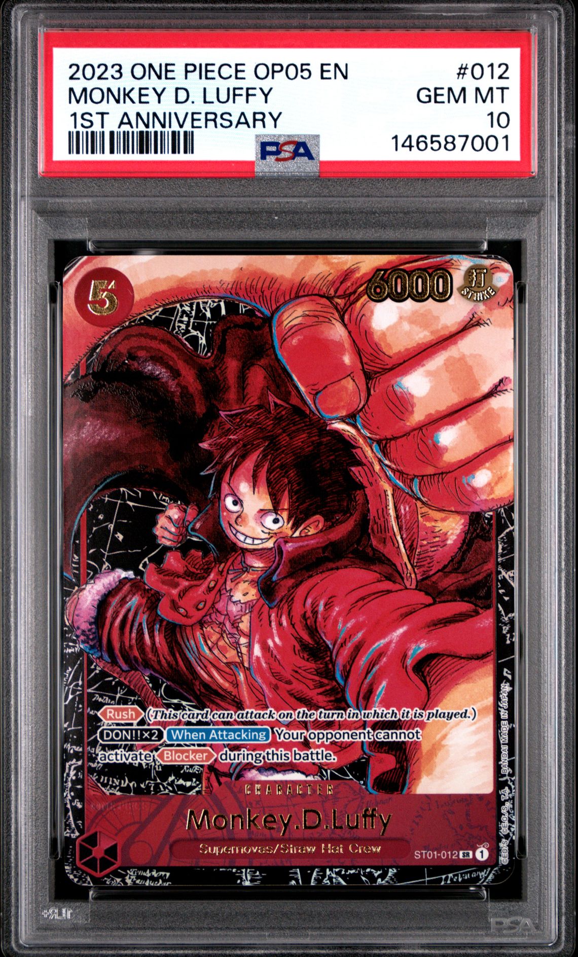 2023 One Piece Op05-Awakening Of The New Era Monkey D. Luffy #012 (1St Anniversary) Gem Mt 10 front