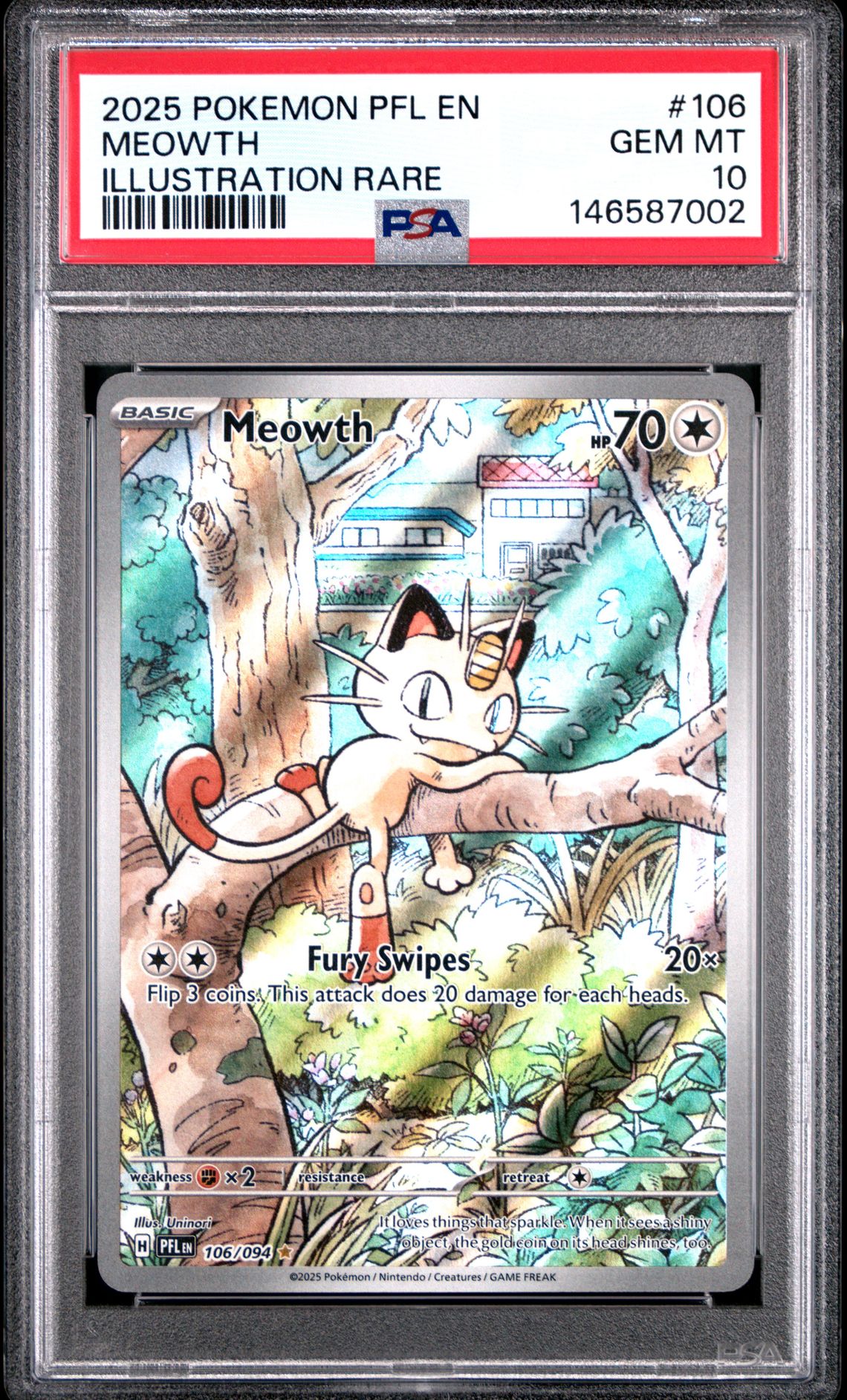 2025 Pokemon Pfl En-Phantasmal Flames Meowth #106 (Illustration Rare) Gem Mt 10 front view - PSA graded GEM MT 10