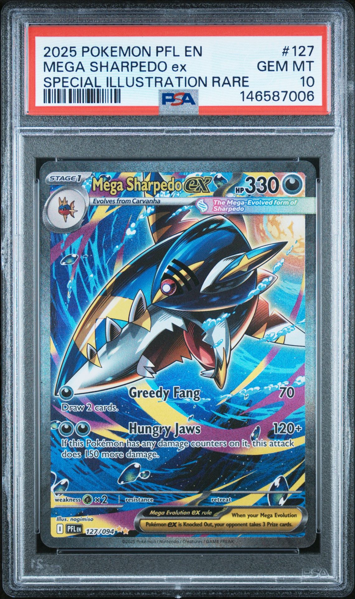 2025 Pokemon Pfl En-Phantasmal Flames Mega Sharpedo Ex #127 (Special Illustration Rare) Gem Mt 10 front view - PSA graded GEM MT 10