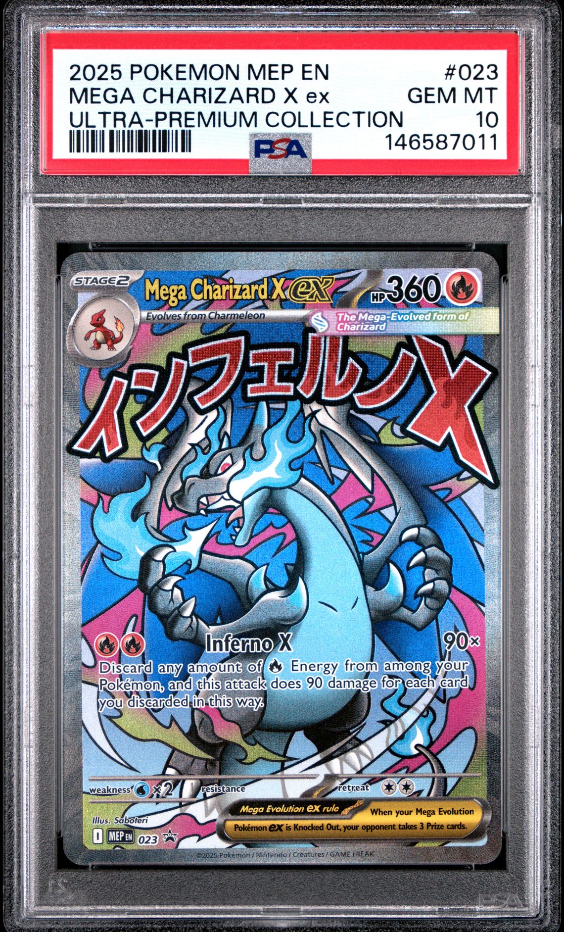 2025 Pokemon Mep En-Me Black Star Promo Mega Charizard X Ex #023 (Ultra-Premium Collection) Gem Mt 10 front view - PSA graded GEM MT 10