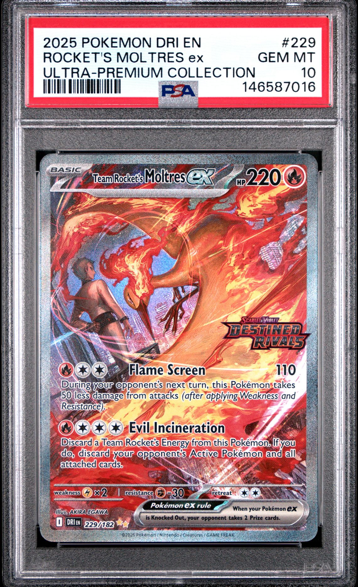 2025 Pokemon Dri En-Destined Rivals Rocket's Moltres Ex #229 (Ultra-Premium Collection) Gem Mt 10 front view - PSA graded GEM MT 10