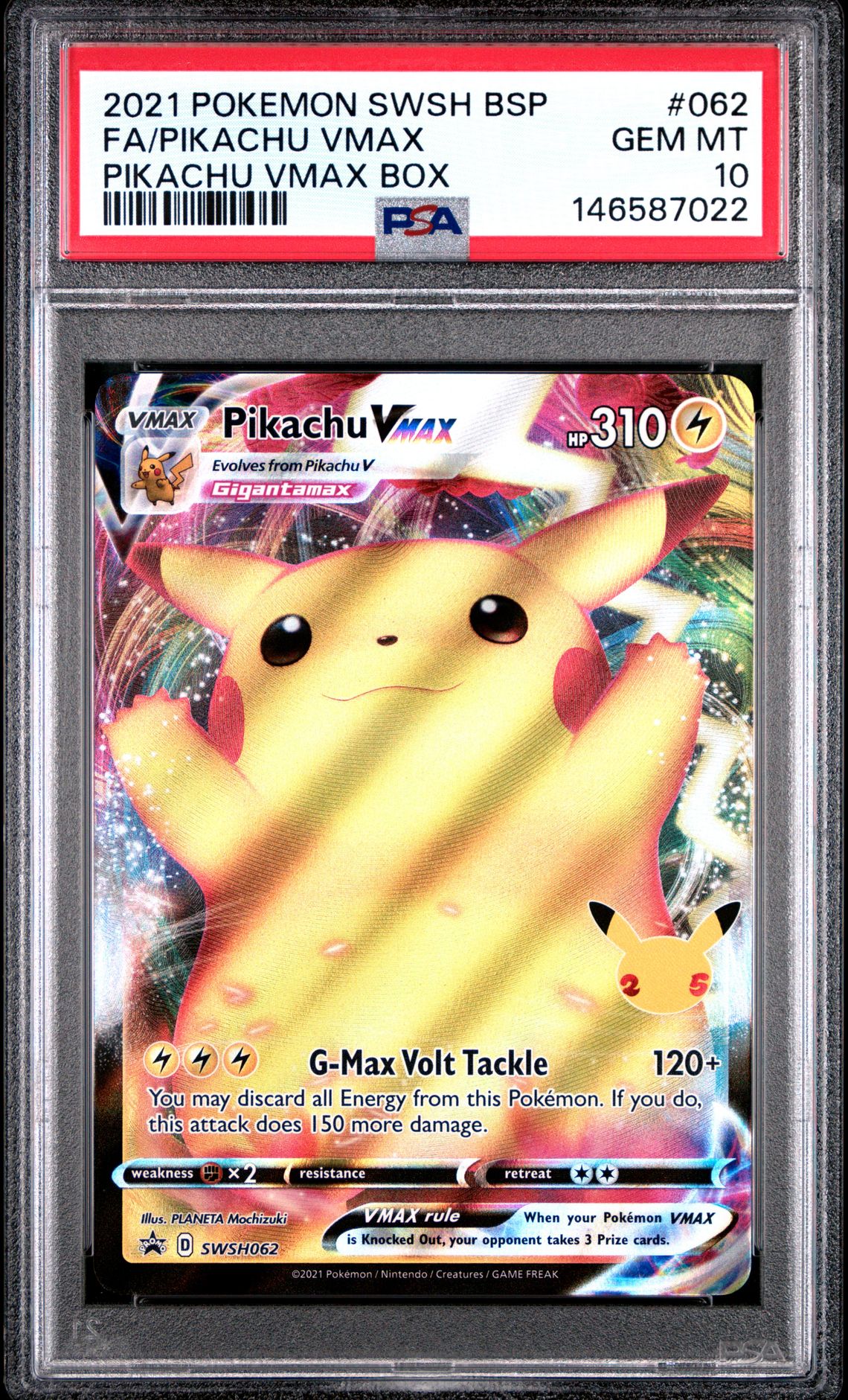 2021 Pokemon Swsh Black Star Promo Fa/Pikachu Vmax #062 (Pikachu Vmax Box) Gem Mt 10 front view - PSA graded GEM MT 10