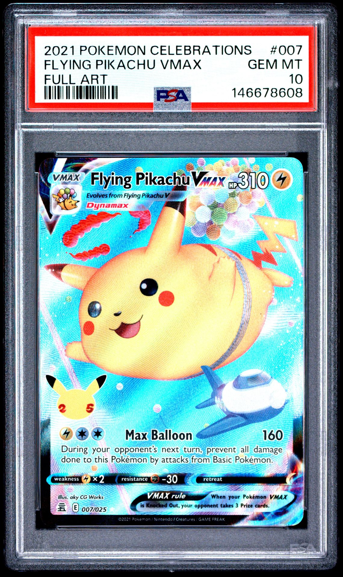 2021 Pokemon Celebrations Flying Pikachu Vmax #007 (Full Art) Gem Mt 10 front view - PSA graded GEM MT 10