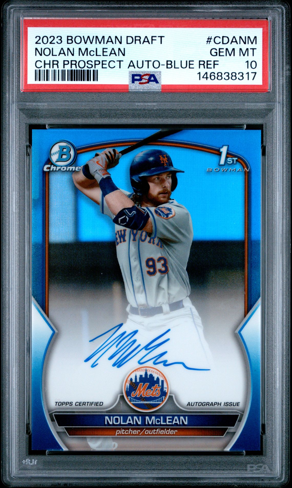 2023 Bowman BOWMAN DRAFT CHROME PROSPECT AUTOGRAPH Blue Refractor #CDANM Nolan Mclean front