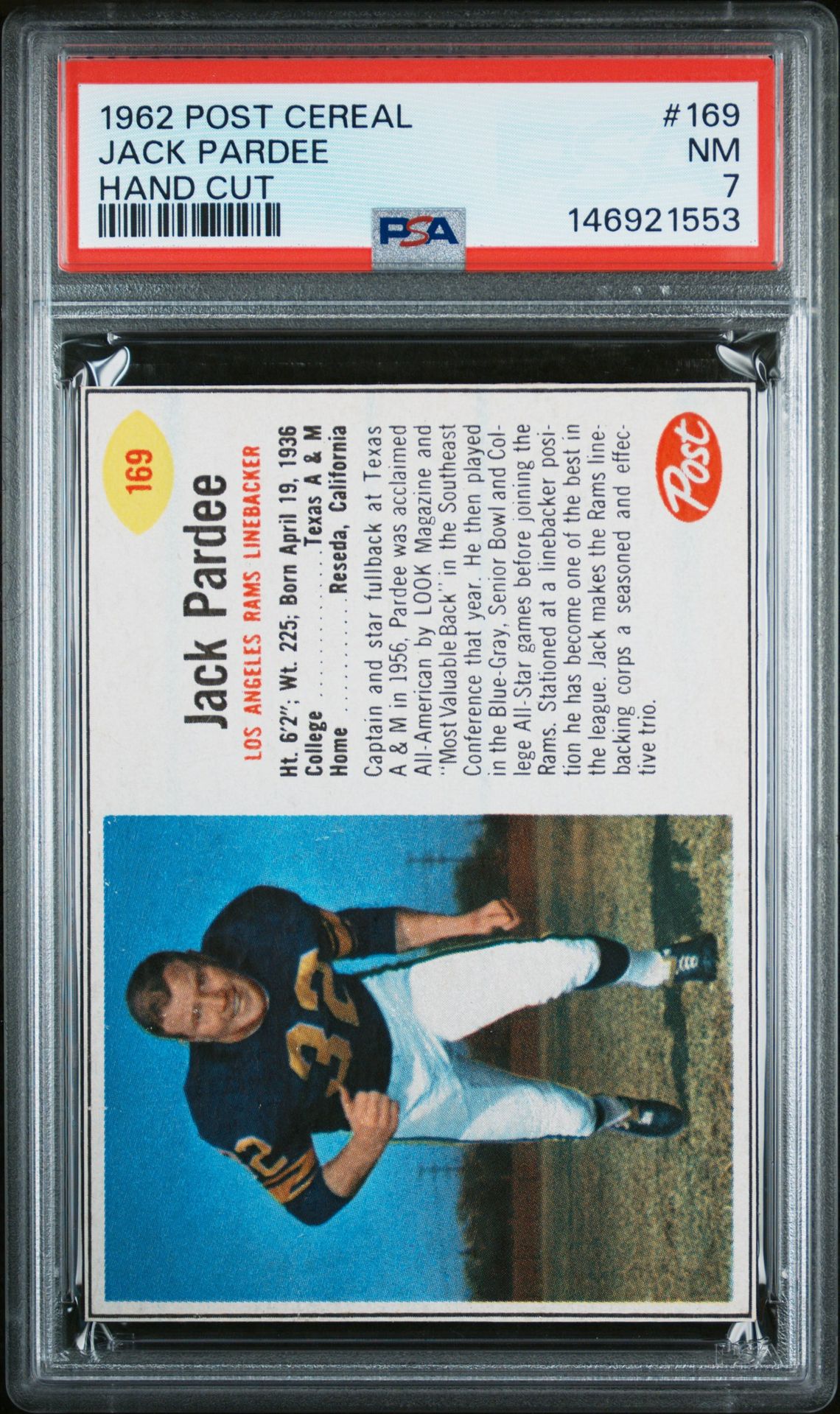 1962 POST CEREAL HAND CUT #169 Jack Pardee front