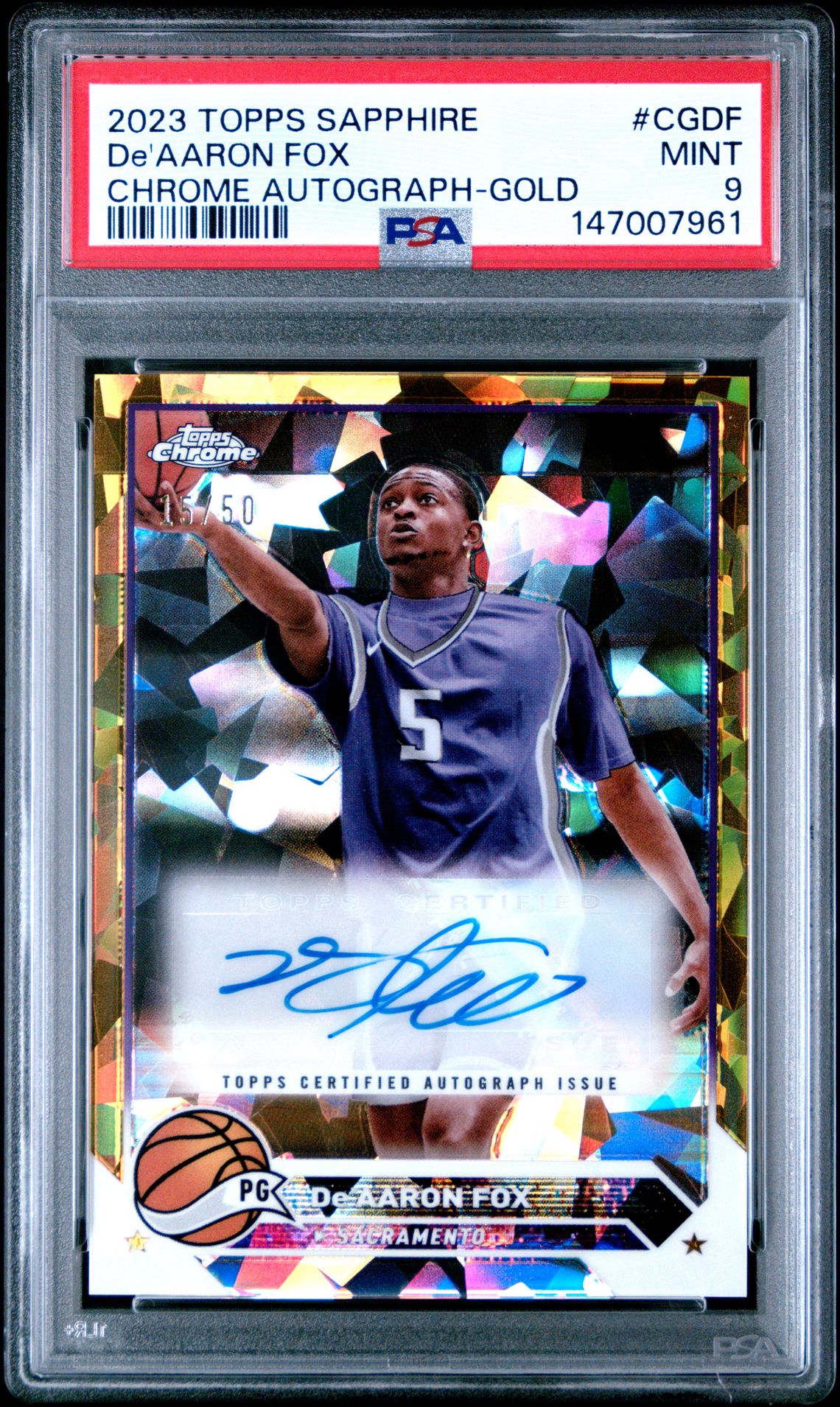 2023 Topps Chrome TOPPS CHROME SAPPHIRE EDITION TOPPS CHROME AUTOGRAPHS GOLD #CGDF De'Aaron Fox front
