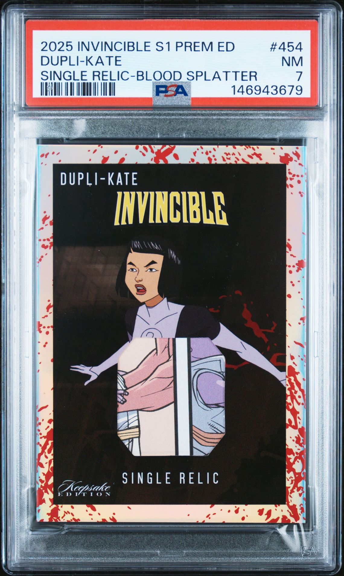 2025 INVINCIBLE SEASON 1 KEEPSAKE PREMIERE EDITION SINGLE RELIC-BLOOD SPLATTER #454 Dupli-Kate front