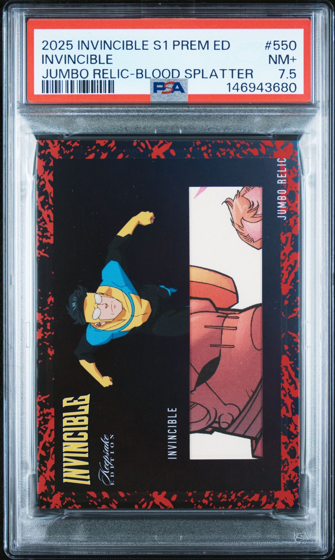 2025 INVINCIBLE SEASON 1 KEEPSAKE PREMIERE EDITION JUMBO RELIC-BLOOD SPLATTER #550 Invincible front