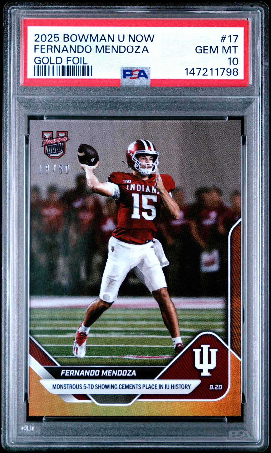 2025 Bowman BOWMAN U NOW GOLD FOIL #17 Fernando Mendoza front